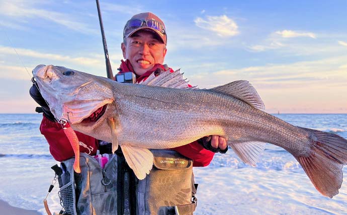 遠州灘サーフゲームでランカーシーバス80cm登場【愛知県・田原】マゴチも交え3魚種達成