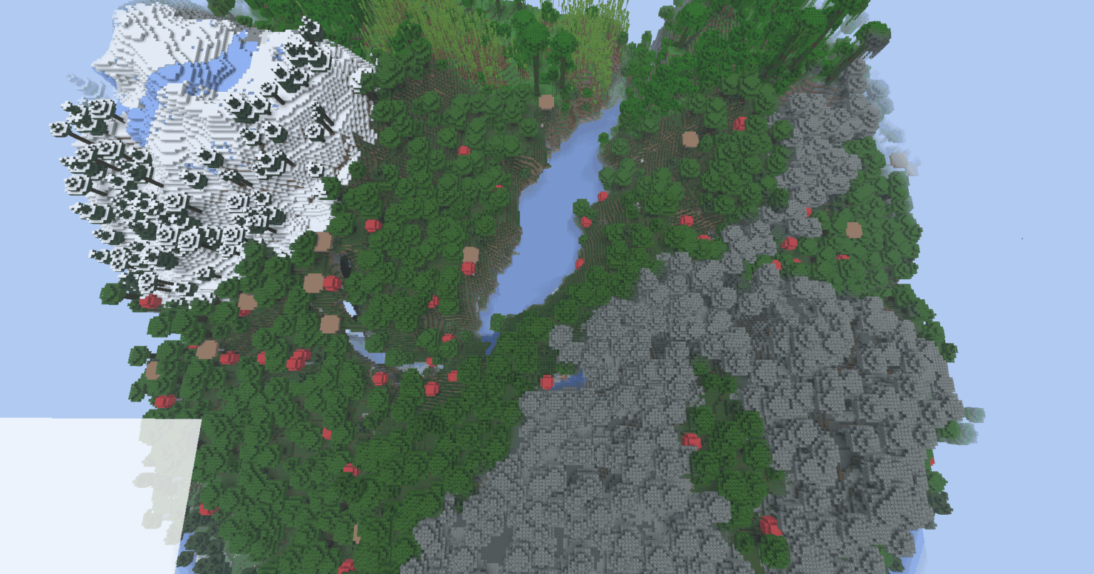 スポーン時の非常識なバイオームの組み合わせ (雪に覆われた木立、暗い森、雪に覆われたタイガ、ジャングルと湖のある竹林のある広大な淡い庭園)