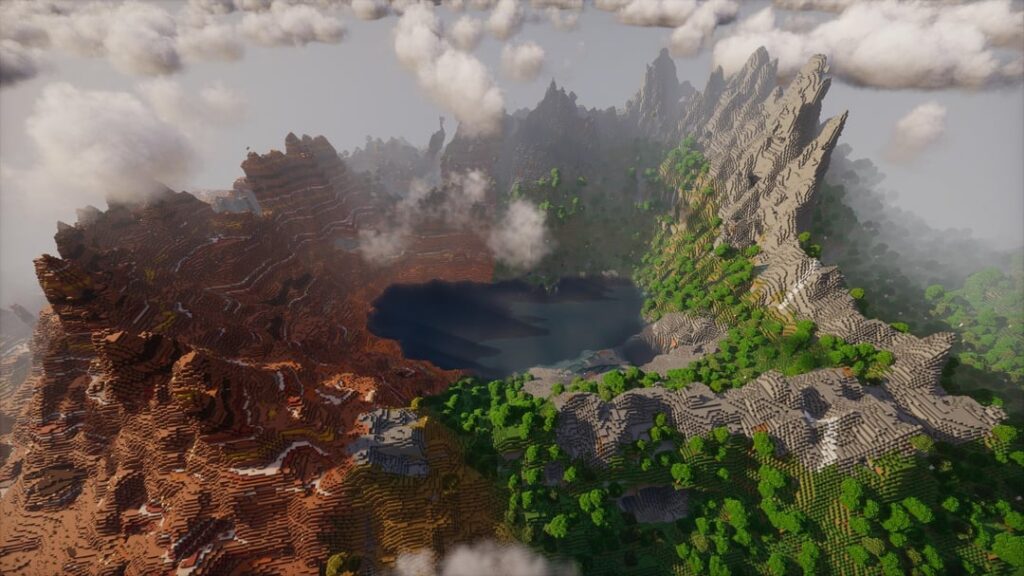 石の多い山々/バッドランズ山のクレーターと湖。