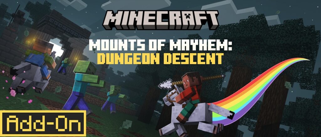 A player rides a unicorn with a rainbow trail, charging zombies in a dark dungeon