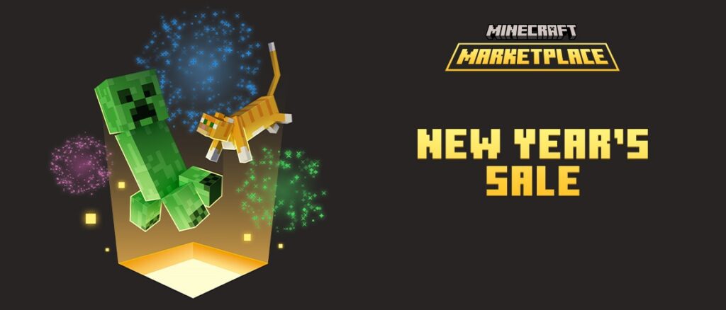 A Creeper and a cat leap upward from a glowing spotlight as colorful fireworks burst behind them. Text reads “Minecraft Marketplace New Year’s Sale” on a dark background.
