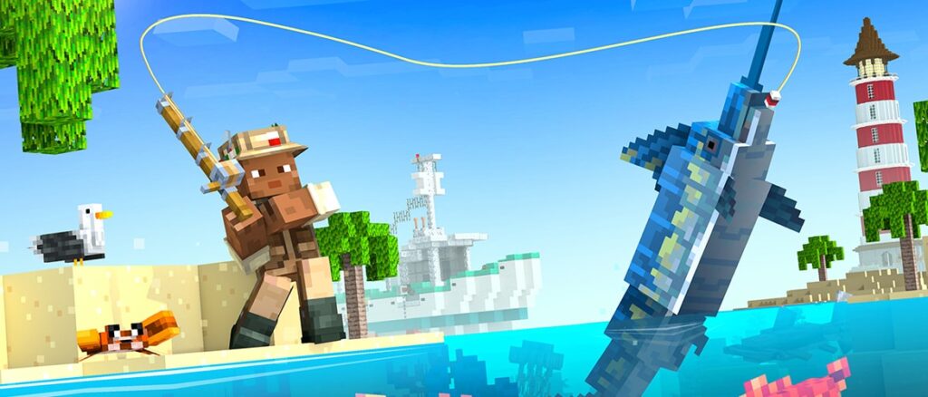 Minecraft character reeling in a giant swordfish from a sunny beach, with a lighthouse in the background.