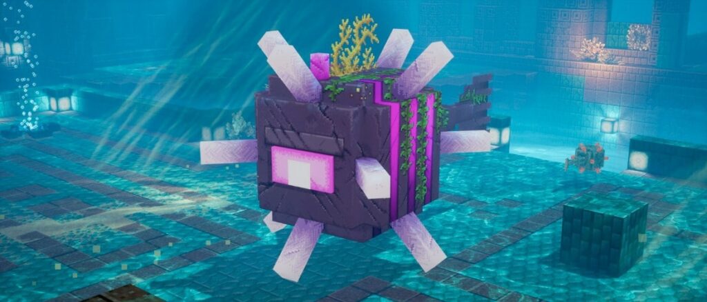 Abyssal Monument | Minecraft An elder guardian in an underwater environment in Minecraft Dungeons.