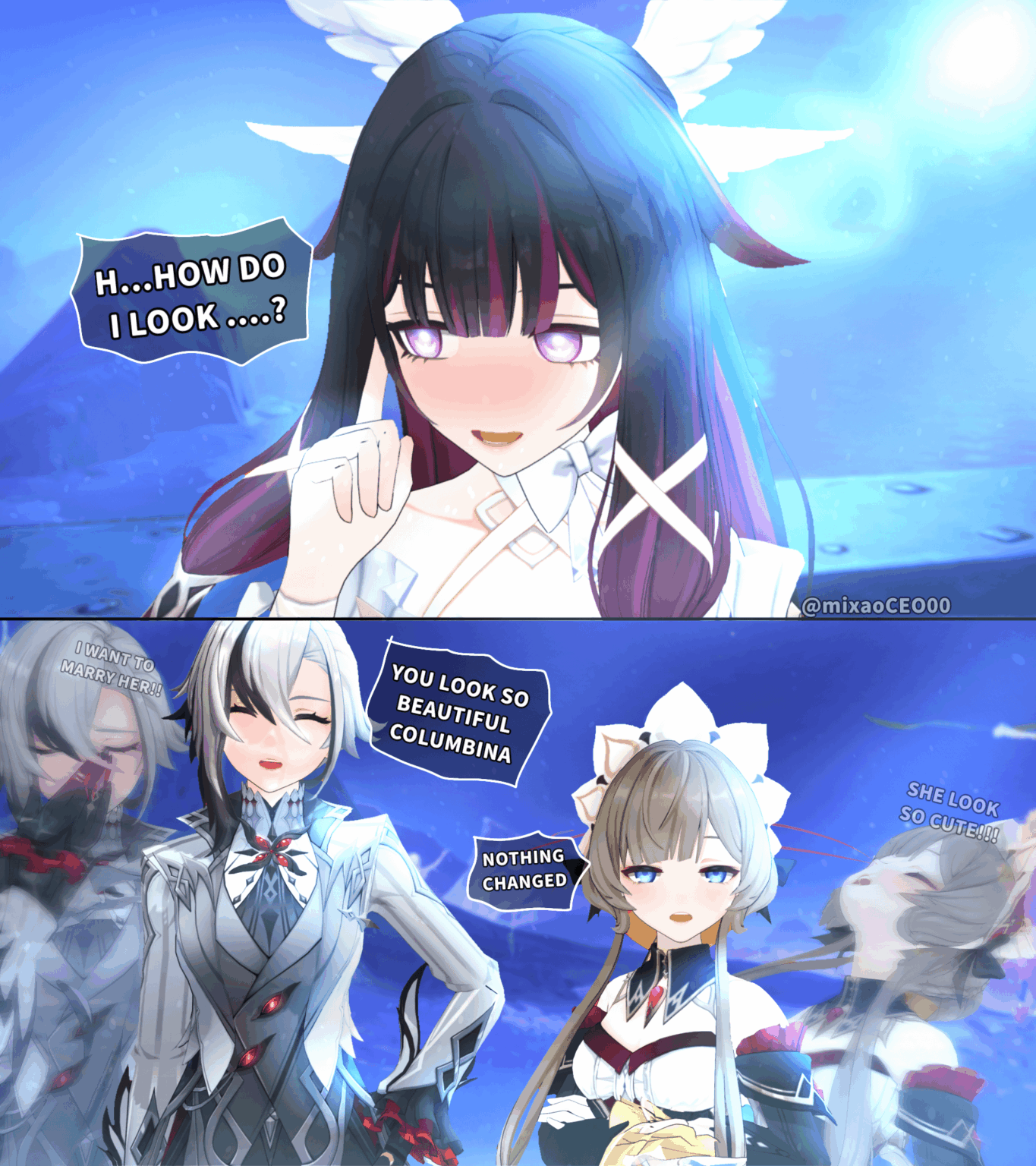 コロンビーナの目に反応するアルレッキーノとサンドローネ