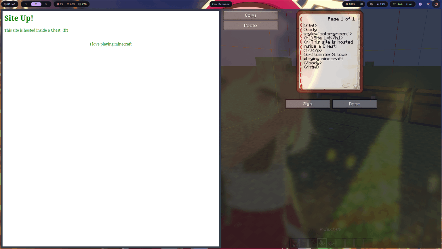 Minecraft チェスト内でホストされているサイト (CSS と JS もサポート)
