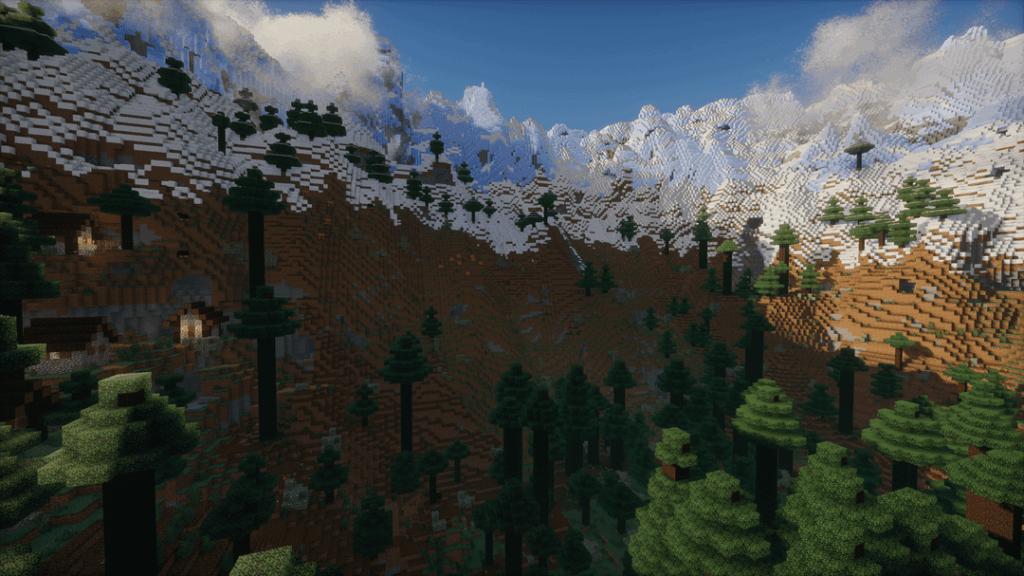 最大高さの凍った山々に囲まれた幅 400 ブロックの谷にあるタイガと村 [32695937278372589 @ (144,-228)]