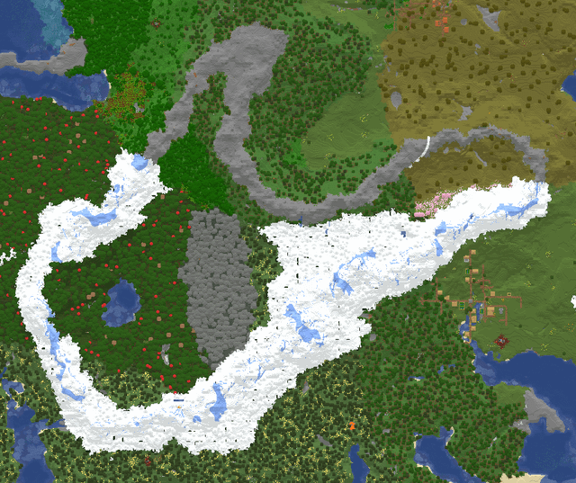 大きな湖とその中にオーバーワールドのあらゆる種類の木材がある山岳サークル (マングローブ沼はありませんが、サークルの下のトライアルチャンバーにはマングローブの木が 1 本あります)