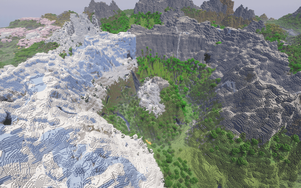 あらゆる気温の気候を通過する 2000 ブロック以上の山脈、中心部の美しい渓谷