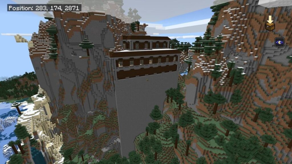 山の中にある巨大な邸宅とトレイル跡