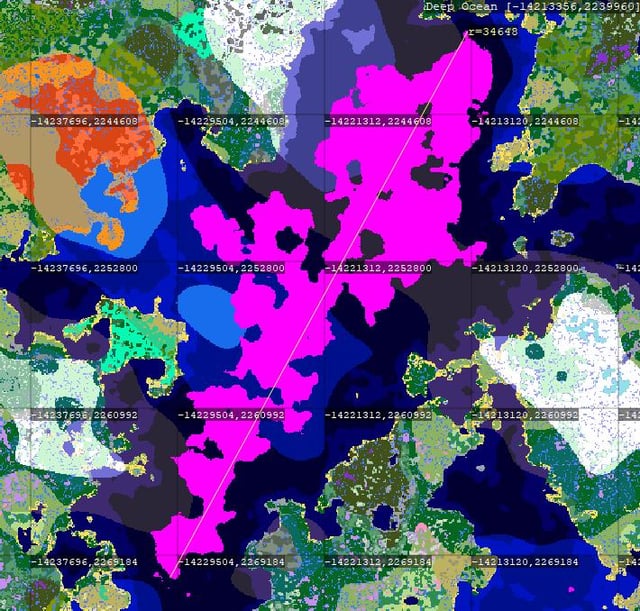私が発見した、長さ 34,000 ブロック以上、面積 1 億 6,300 万ブロック四方のキノコ島。 (免責事項: この島は大規模バイオーム専用であり、スポーンから 1,400 万ブロック以上離れています。)