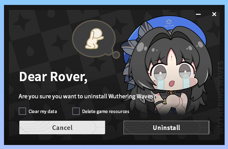 このゲームをアンインストールするわけにはいかないので、PC のストレージをアップグレードする時期が来たと思います。アンインストール画面はどうしてこんなに可愛いのでしょう?????!?!?!?