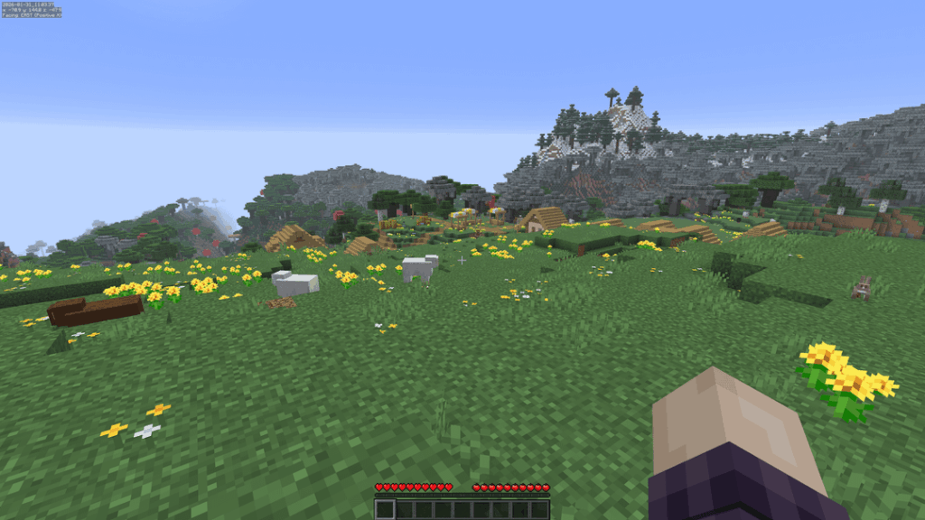 [544048418] 雪山、淡い庭園、暗いオークの森に囲まれた草原の村が出現