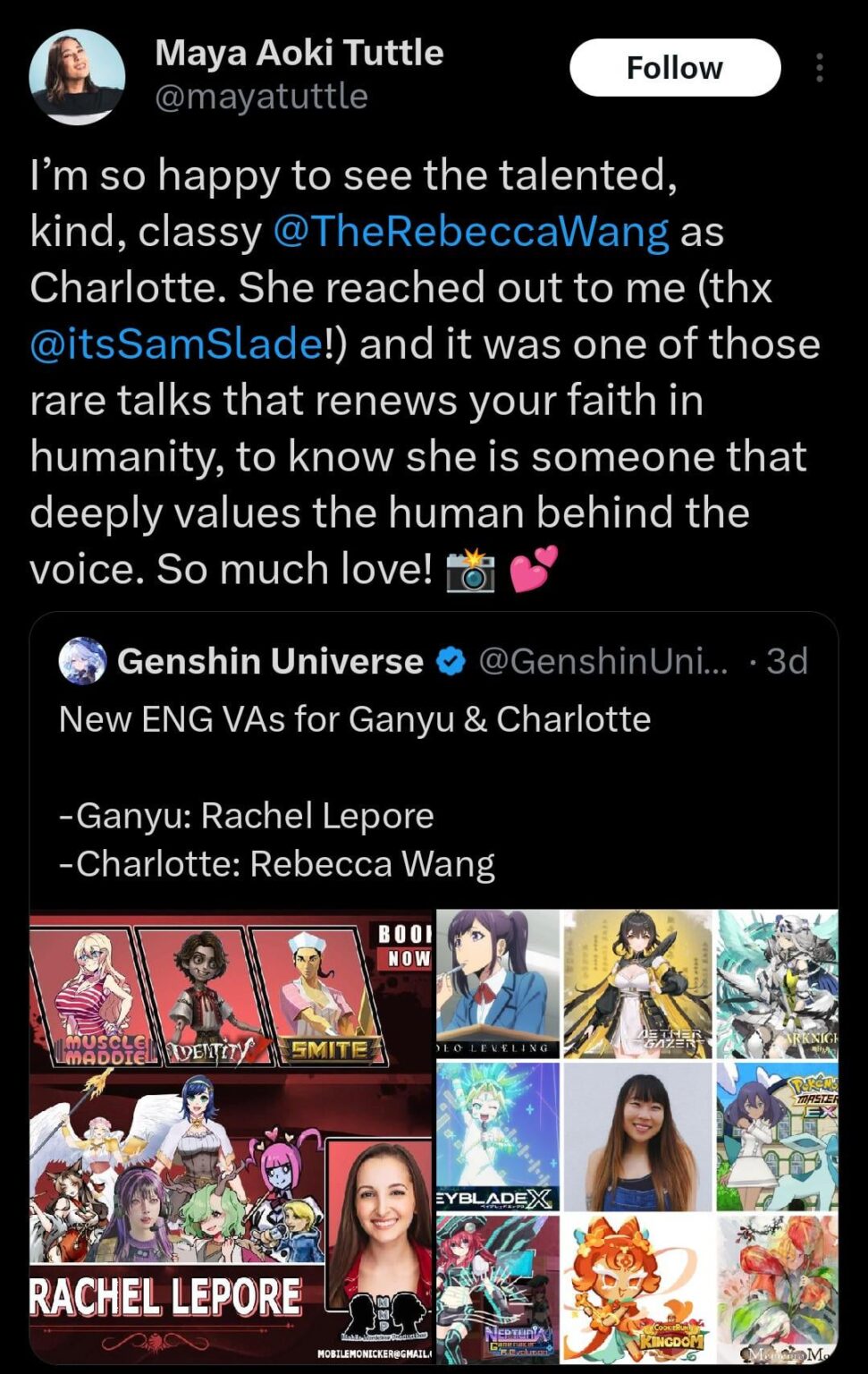 シャーロットの古い EN VA がキャラクターの新しい EN VA を祝福