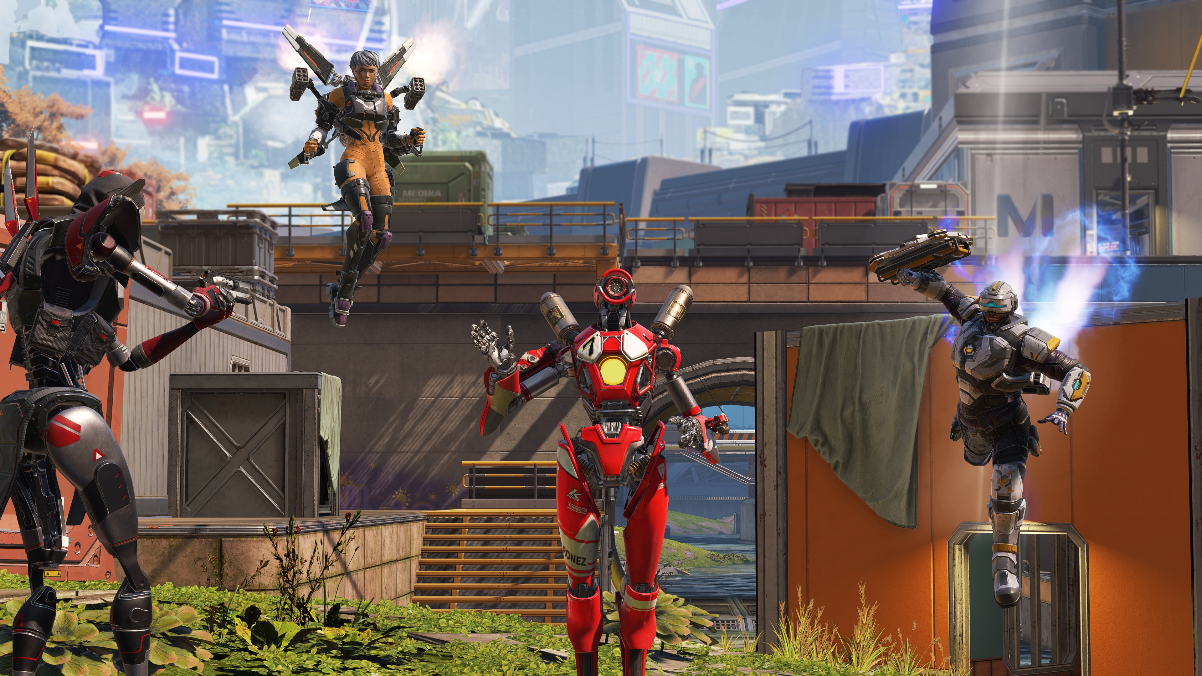 4人の未来的なキャラクターたち(2体のロボットと2人のアーマーを装備した人間)が鮮やかな都市景観の中で戦っています。1体のロボットは手を振り、他のキャラクターは飛び跳ねたり、攻撃の準備をしています。