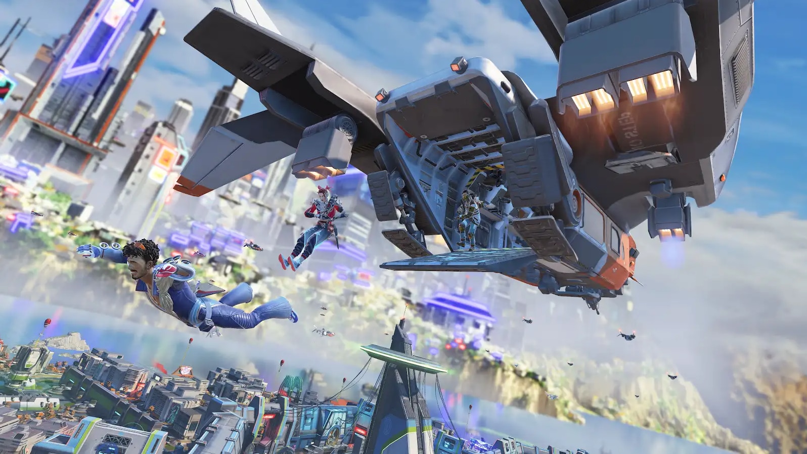 未来的な装備を身につけた3人のキャラクターが、高層ビルとネオンが輝く都市上空の大型ドロップシップから飛び降り、バトルロイヤルの戦場である眼下の地面へと向かっている。