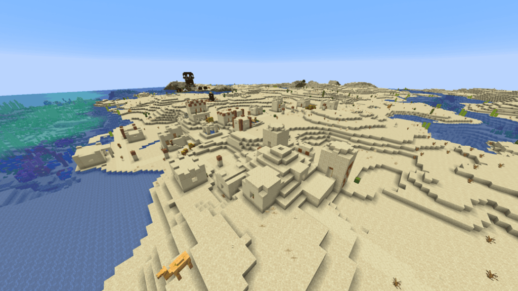 村、砂漠の寺院、廃墟のポータル (完成まであと 1 ブロック)、スポーンのすぐ隣にある略奪者の前哨基地