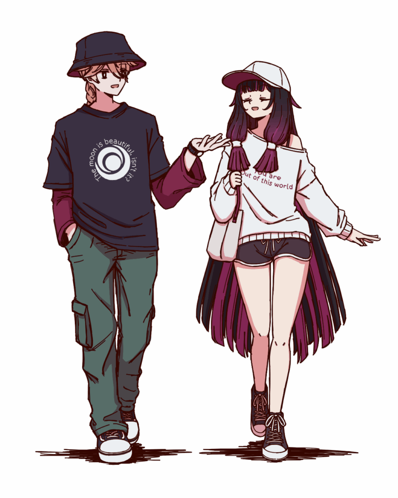 カジュアルな服装のコロンビーナとエーテル