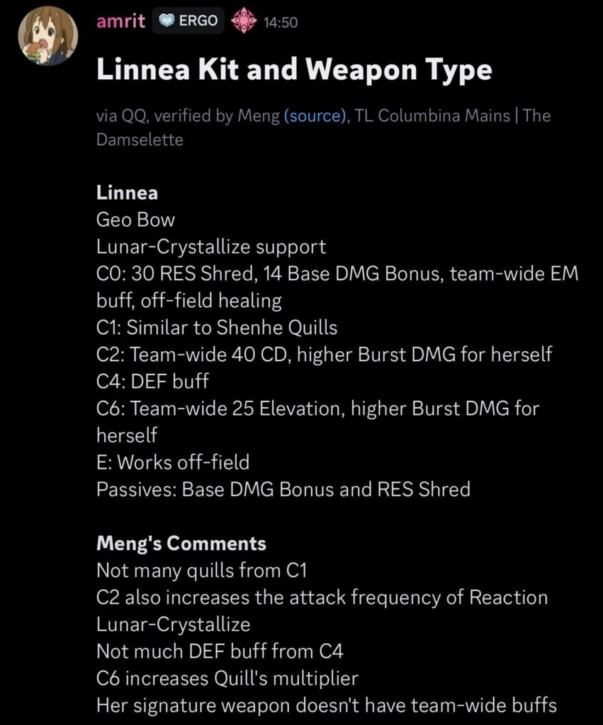 リネアのキットと武器の種類（QQ、Meng 経由）