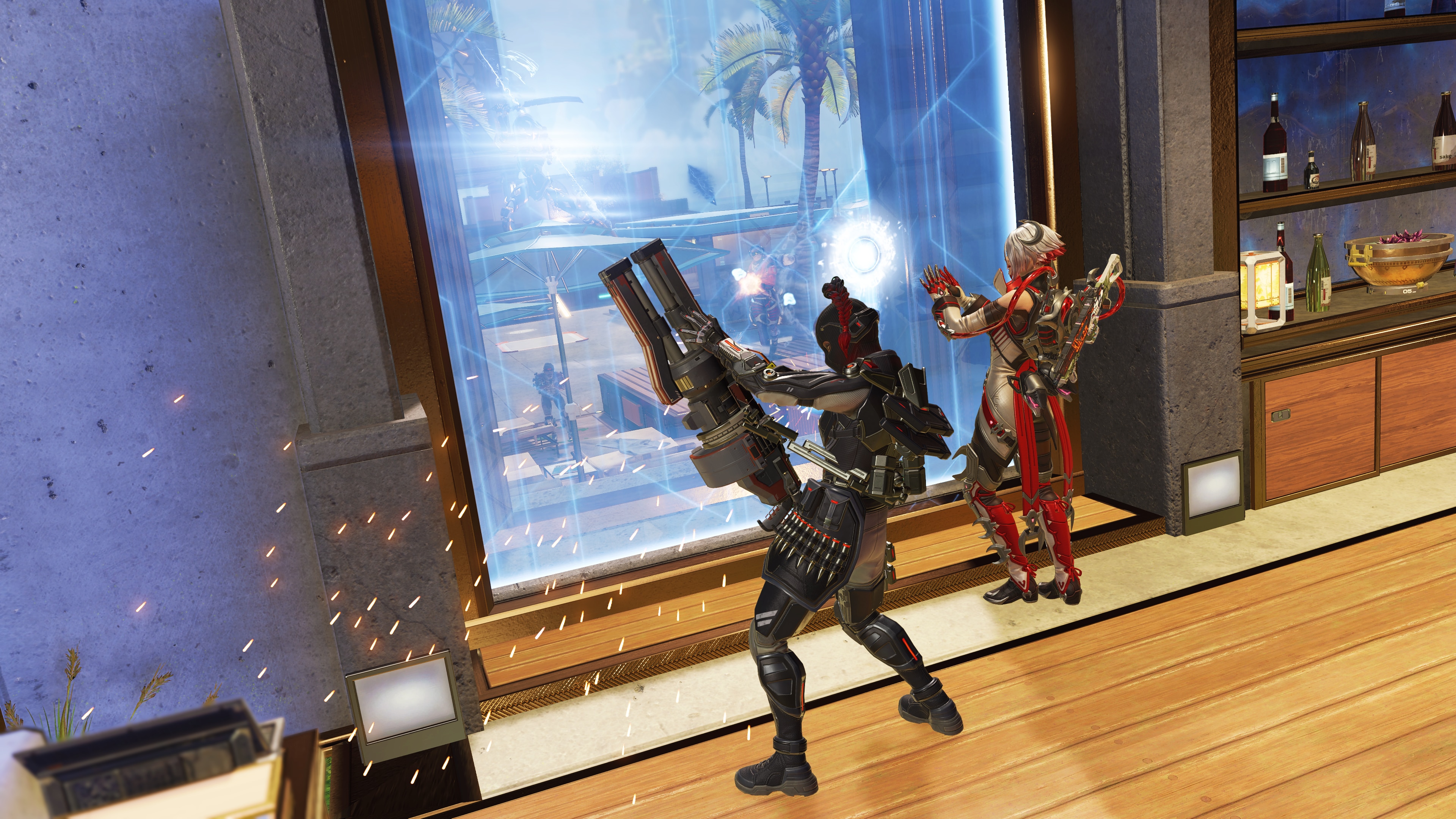 ミニガンを構えるランパートと、新たな防御アビリティで割れた窓を修復するカタリストのゲーム内スクリーンショット。