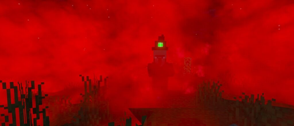An ominous red fog covering the entire biome in which a green-eyed cyclone stares at us