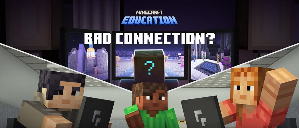 CyberSafe Bad Connection | Minecraft Minecraft Education banner titled “Bad Connection?” Three students on laptops look toward a central screen with a glowing question mark