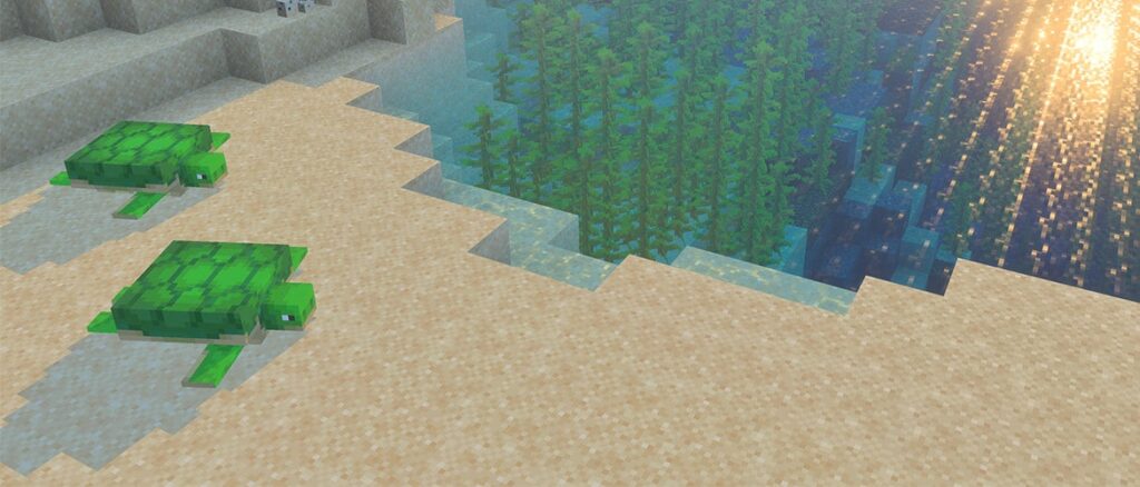A screenshot taken in Bedrock Edition with Vibrant Visuals - showing two turtles on a beach