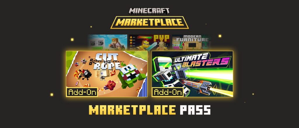Minecraft Marketplace Pass banner showing two featured add-ons Cut It Out and Ultimate Blasters displayed under the Marketplace logo