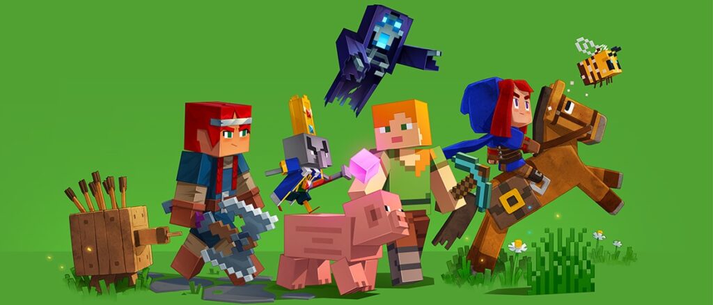 picture of plenty of Minecraft characters on a green background