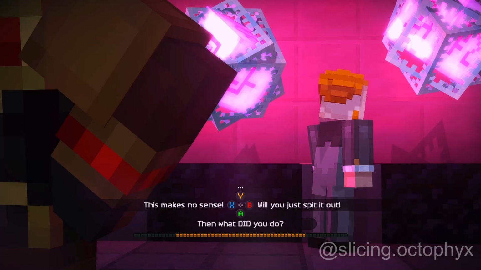 Minecraft ストーリー モードの宣誓カット ダイアログ - 「クソコマンド ブロックを使用しました!」