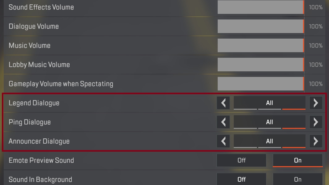 オーディオ詳細オプション画面には、音量スライダーと、レジェンドダイアログ、ピンダイアログ、アナウンサーダイアログの設定が表示されており、それらすべてが「すべて」に設定されている。