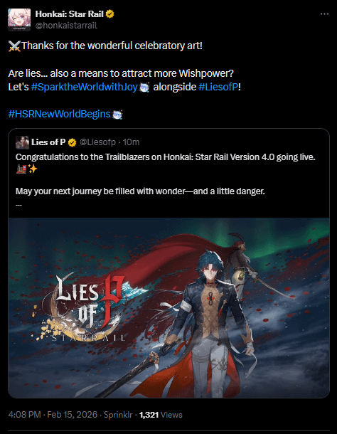 「Lies of P」アカウントの公式がHSR公式アカウントを祝福