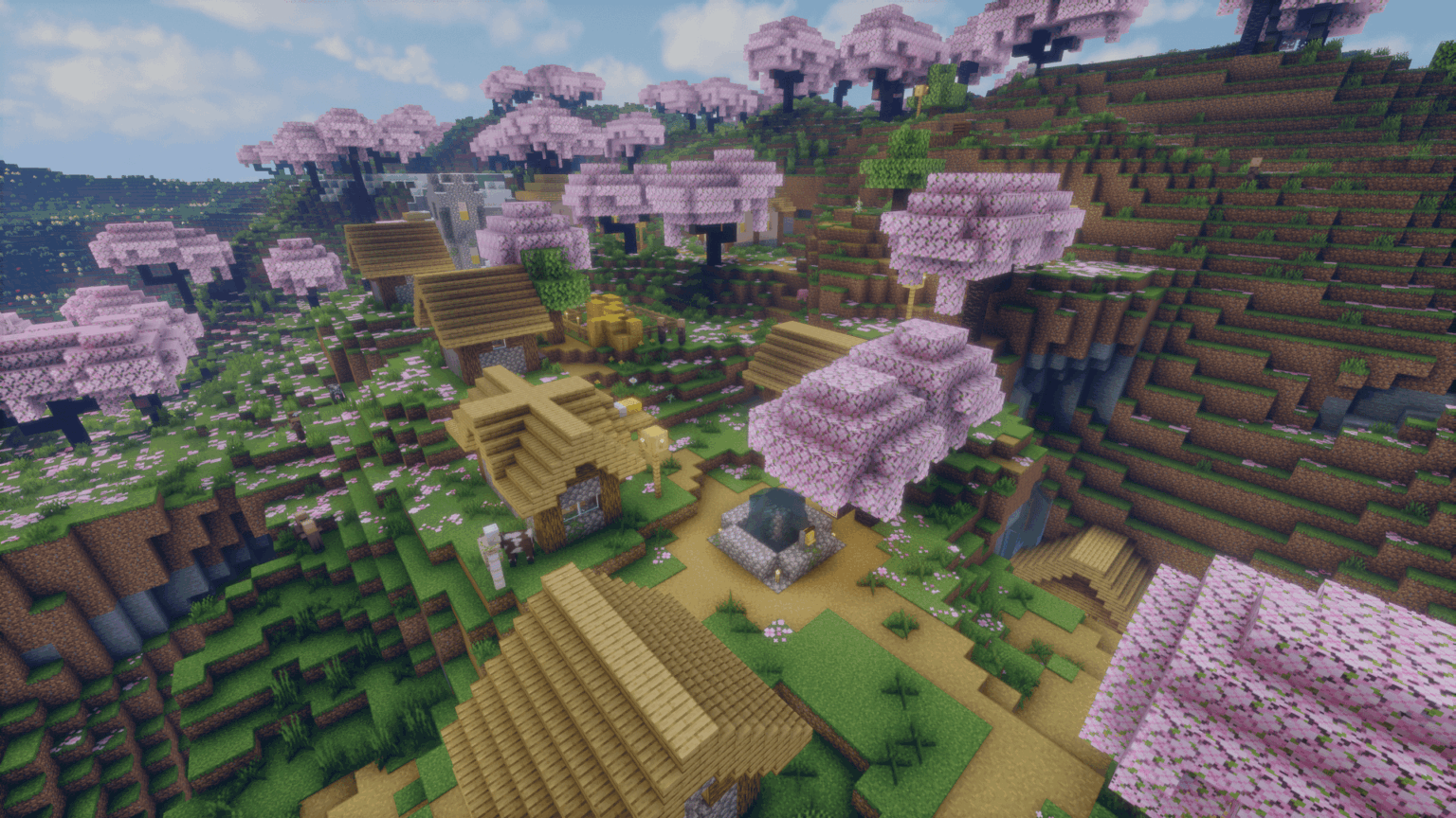 ほぼ完全に桜の木立バイオーム内にある村を発見