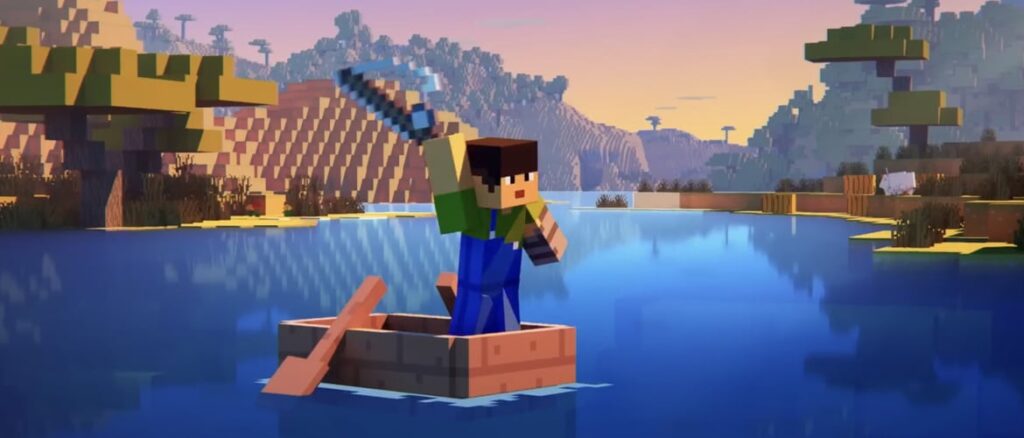 A Minecraft characters standing in a boat while fishing in a lake.