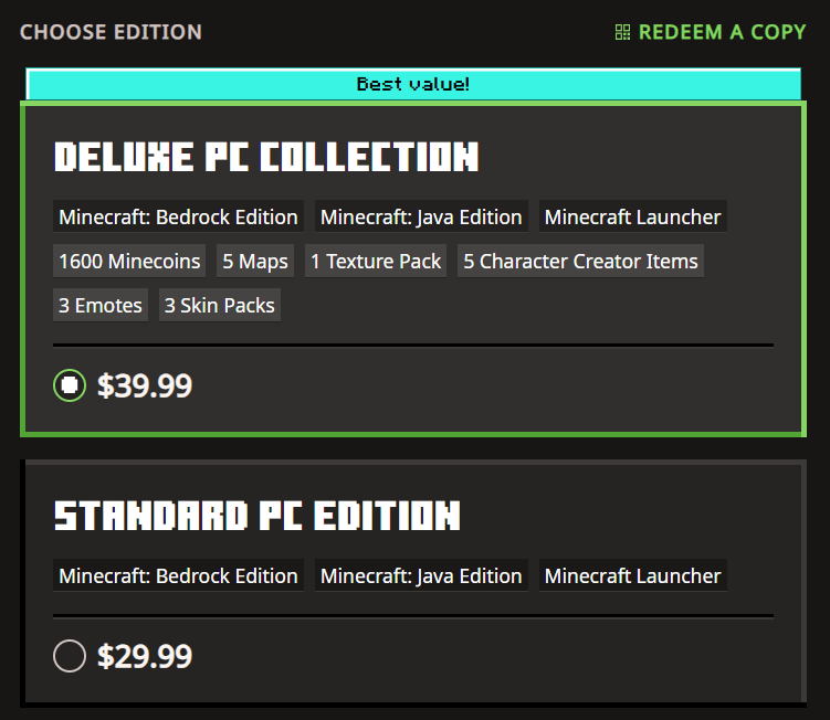 最近マインクラフトを買おうと思っているのですが、どちらが良いか分かりません