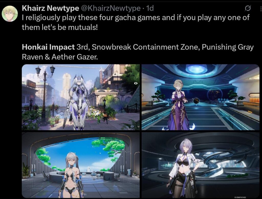 3 つとも、エーテル ゲイザーからフュージョン アルティメット、ホンカイ インパクトから空中戦、スノーブレイクから淫らさを、そして PGR からマーメイドを取得する必要があります。