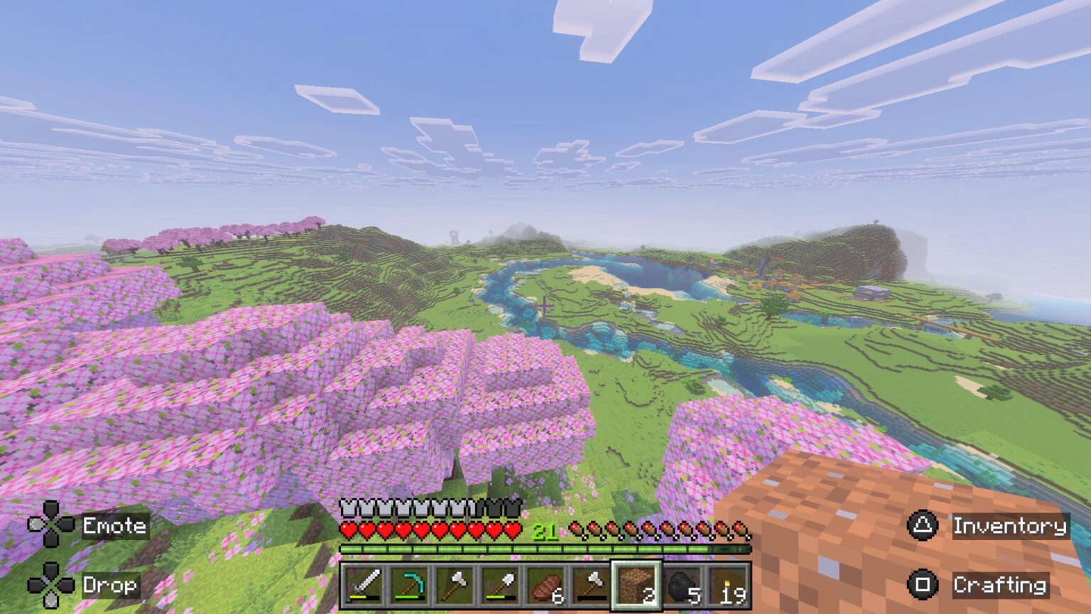 二重桜バイオーム + ピリジャー前哨基地がスポーン北のほぼ視界内にあります。写真の村の東にも表面溶岩があります。