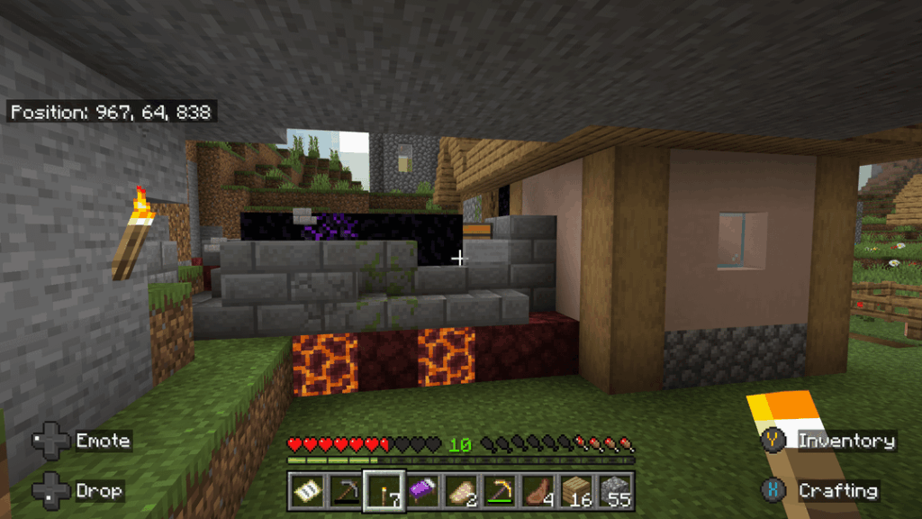 大きな村とその周囲に絡み合ったネザーポータルの遺跡。シード 6453698886