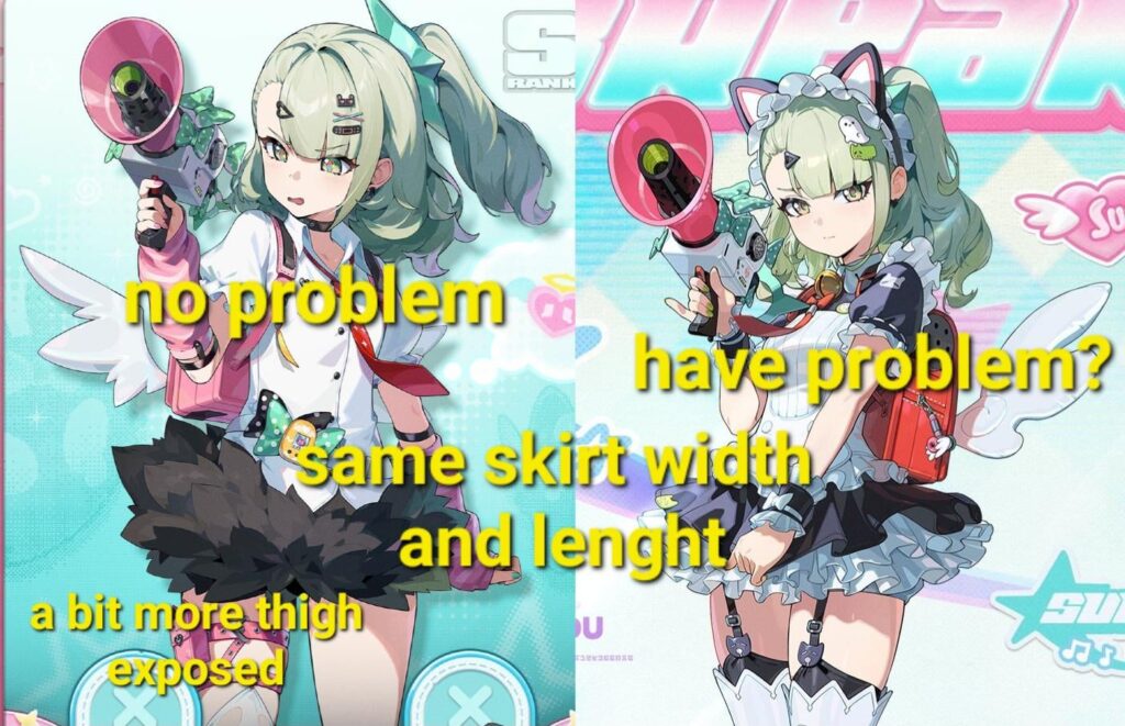 スカートの違いは、有料スキンのスカートは実際のスカートのように見えるのに対し、OG スキンは主人公のとがった髪や羽の塊のように見えることです。
