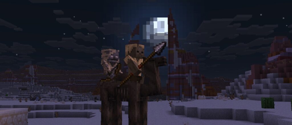 A Camel Husk, ridden by a Husk armed with an Iron Spear and a Parched wielding a Bow, can be seen in the desert under the moonlight.