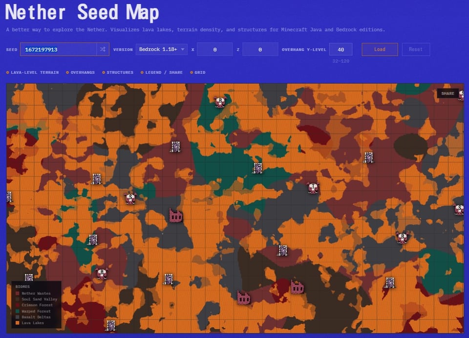 実際に地形と溶岩湖を示すネザーシードマップを作成しました