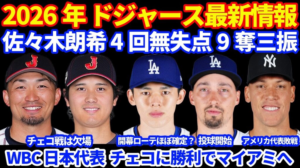 2026年ドジャース最新情報‼️ 佐々木朗希 Bゲームで4回無失点9奪三振⚾️ WBC日本代表チェコに勝利でマイアミへ✈️ 大谷&鈴木は欠場😭 アメリカ代表イタリアに敗戦でピンチ