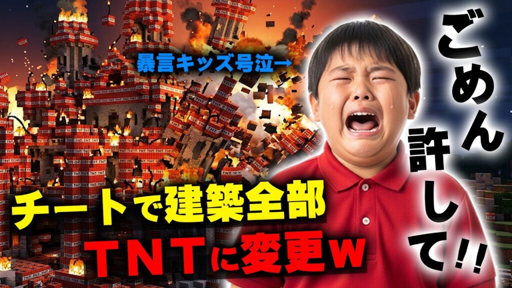 【マイクラ】アイテムを全て奪ってきたイキリ小学生の建築を全部TNTに変えて爆破したったｗｗｗｗ【マインクラフト】【Minecraft】