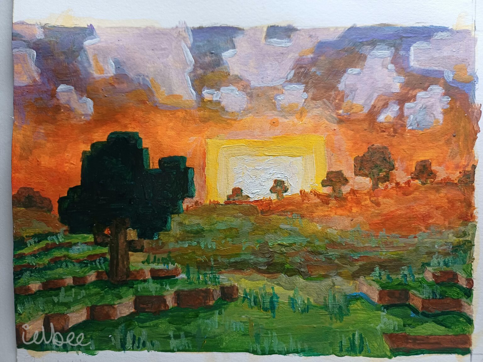 平和な、マインクラフトの夕日の絵、私の作