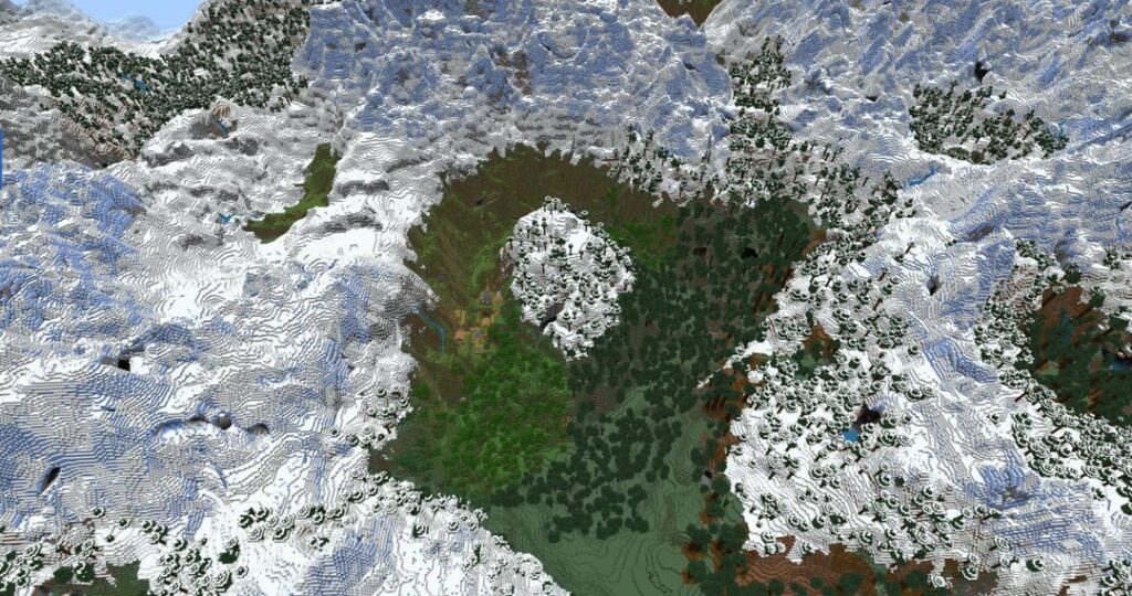 凍った山々、平原/タイガ+村、そして中央山の背後にある巨大な洞窟に囲まれた素晴らしいギザギザの峰（部分的）。