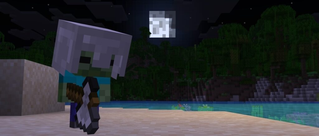 Baby Zombie with an iron helmet is holding an iron axe on a sandy shore below the moon at night
