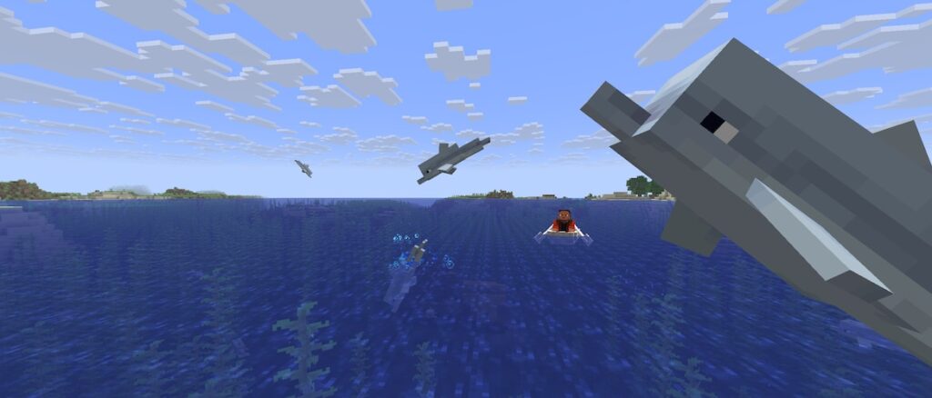 Noor in a boat on the ocean during the day with three jumping dolphins and one breaching dolphin