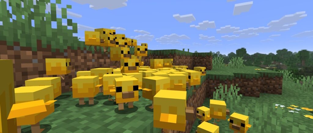 Minecraft 26.1 Release Candidate 1 A large group of baby chickens is congregating in a Meadows biome