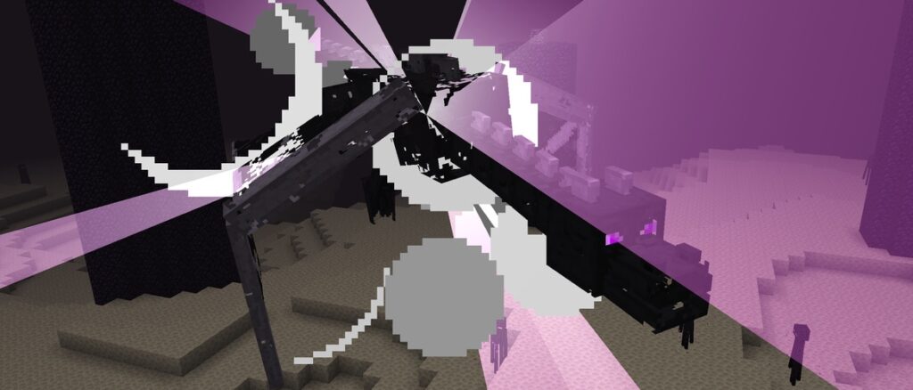 The Ender Dragon is in its death animation with explosion particles and purple rays visible.