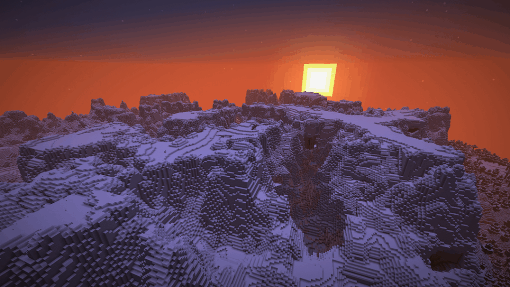 109 万ブロックの面積のギザギザ峰と近くの村 [2914029746417219953 @ (921, 2105)]