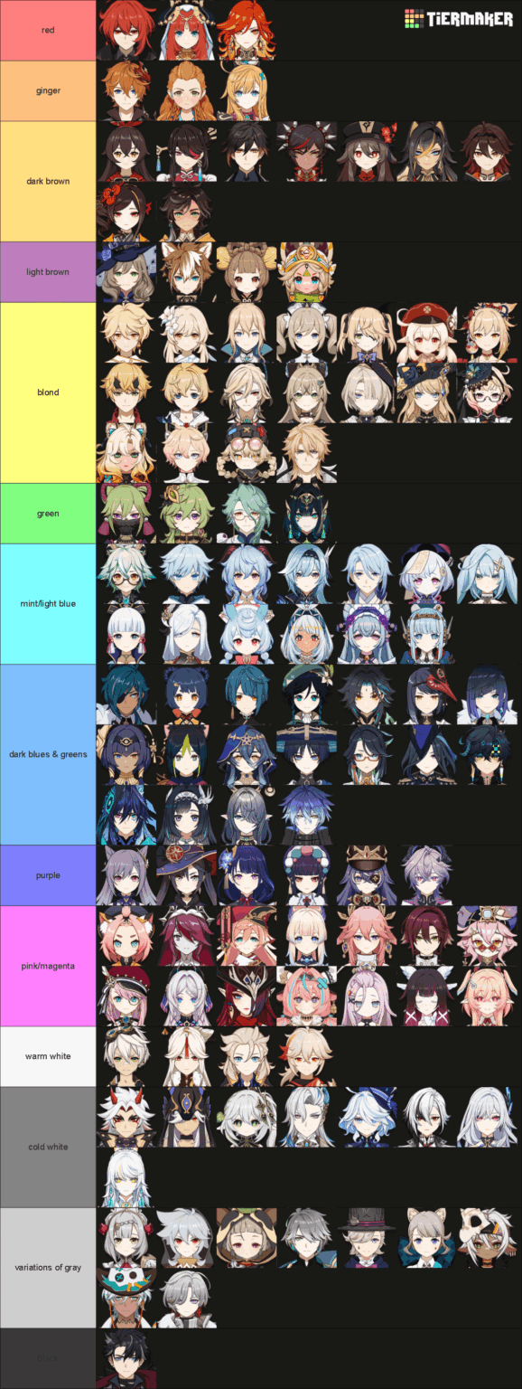 全キャラクターの髪の色